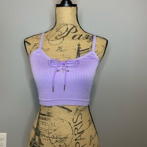 Lavender Ribbed Crop Top with Lace-Up Detail